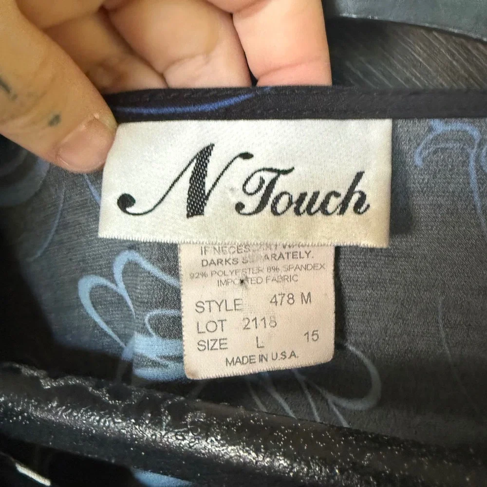 N Touch Vintage 90s Floral Cowl Neck 3/4 Sleeve Top Large Black Blue White